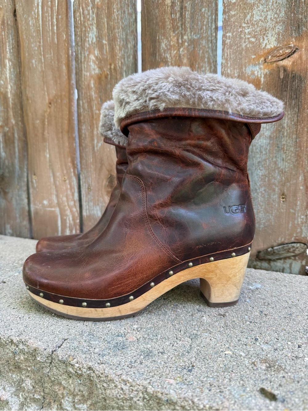 UGG Women's Brown Leather Shearling Clog Boots